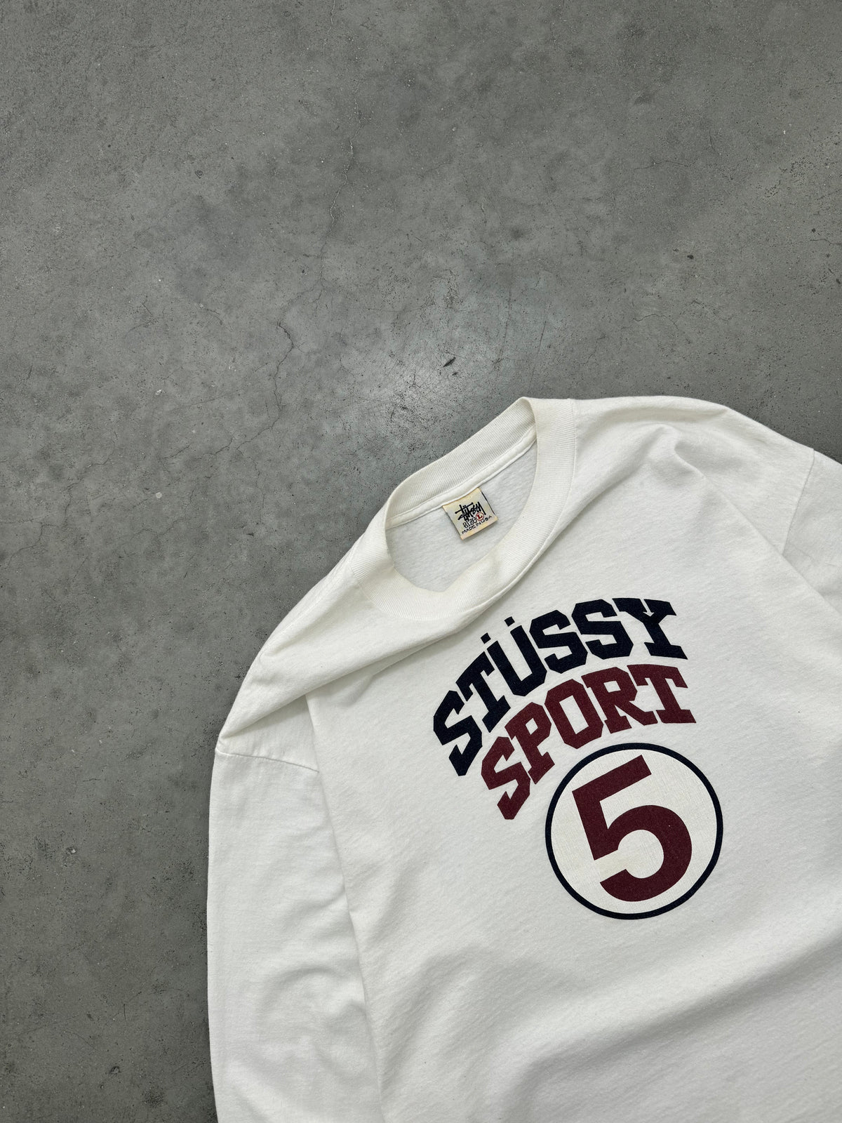 FADED BONE WHITE "STUSSY SPORT" MADE IN USA LONG SLEEVE TEE - 1990S