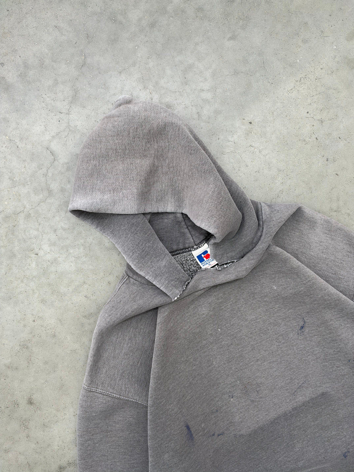 DISTRESSED SUN FADED SMOKE GREY RUSSELL HOODIE - 1990S