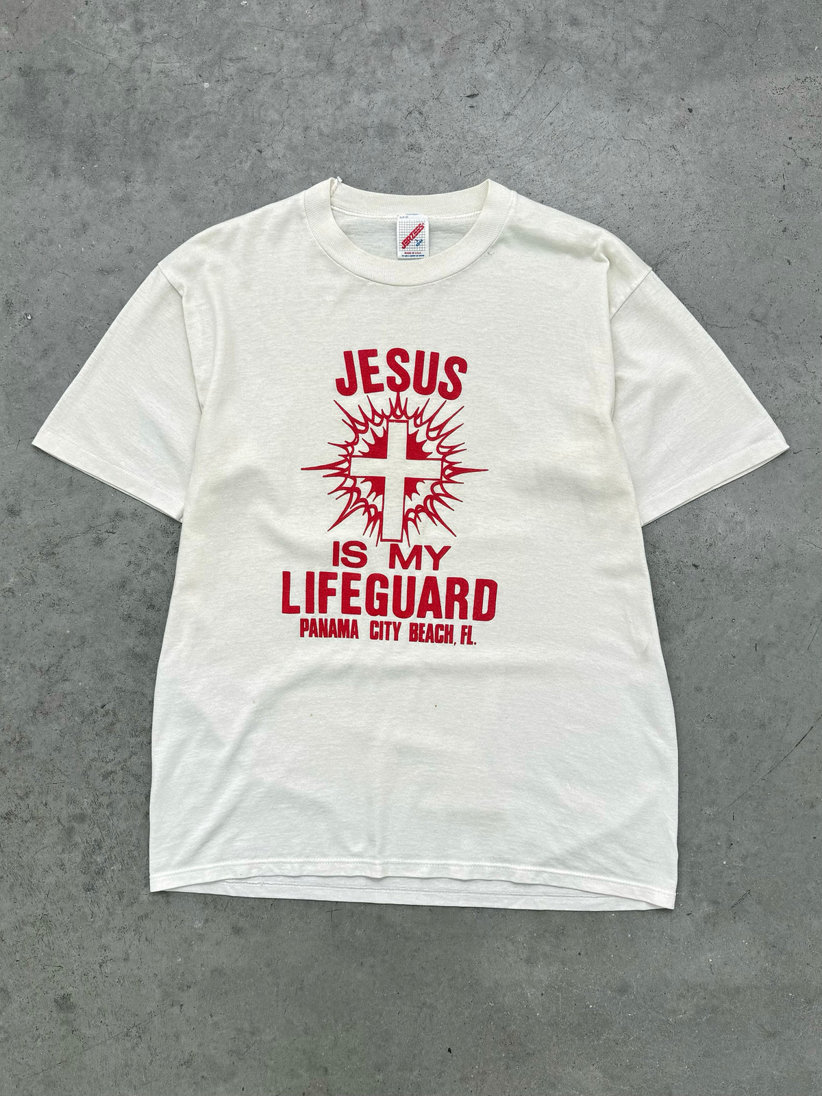"JESUS IS MY LIFEGUARD" WHITE TEE - 1980S