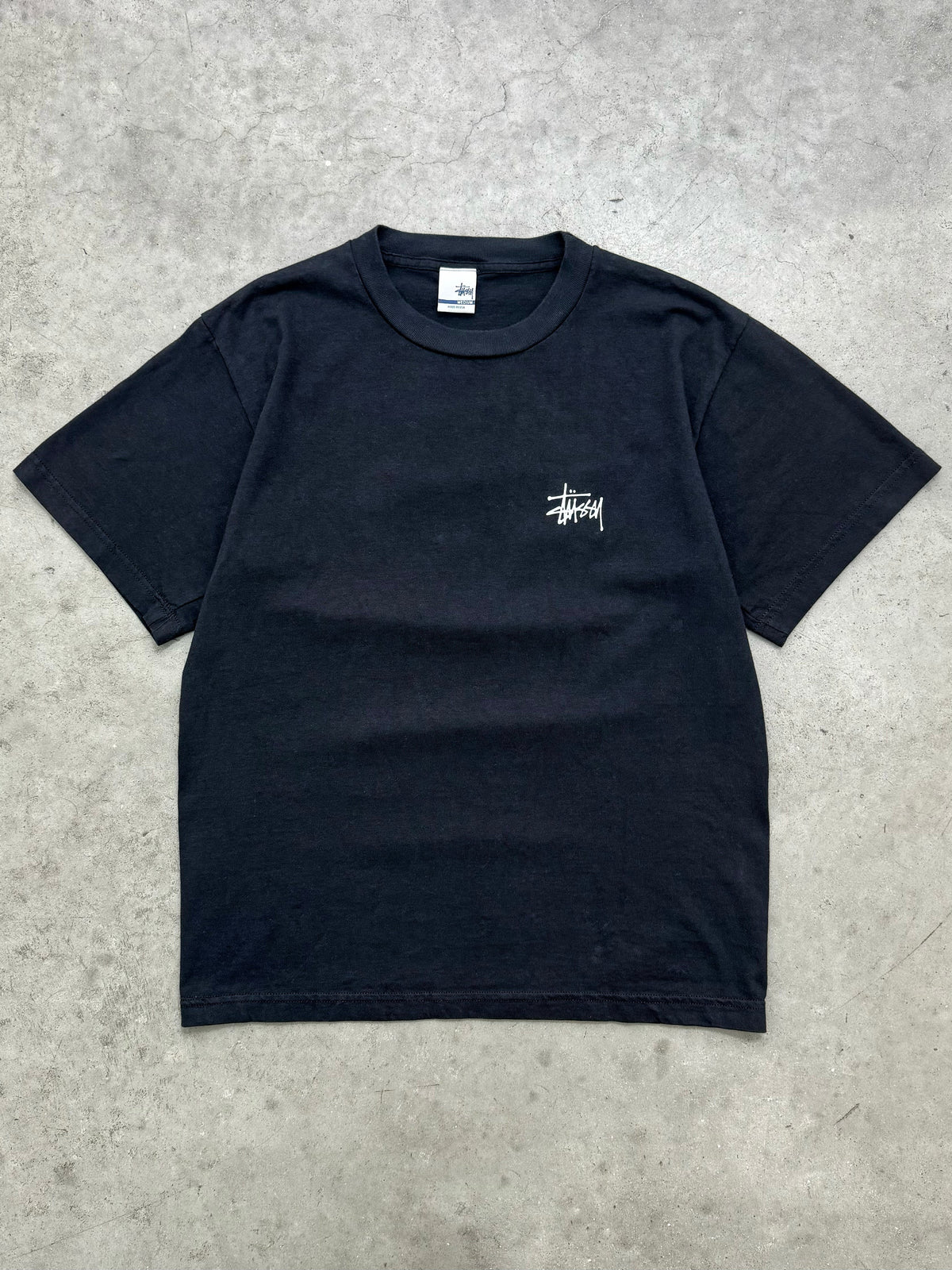 FADED MIDNIGHT BLACK STUSSY MADE IN USA TEE - 2000S