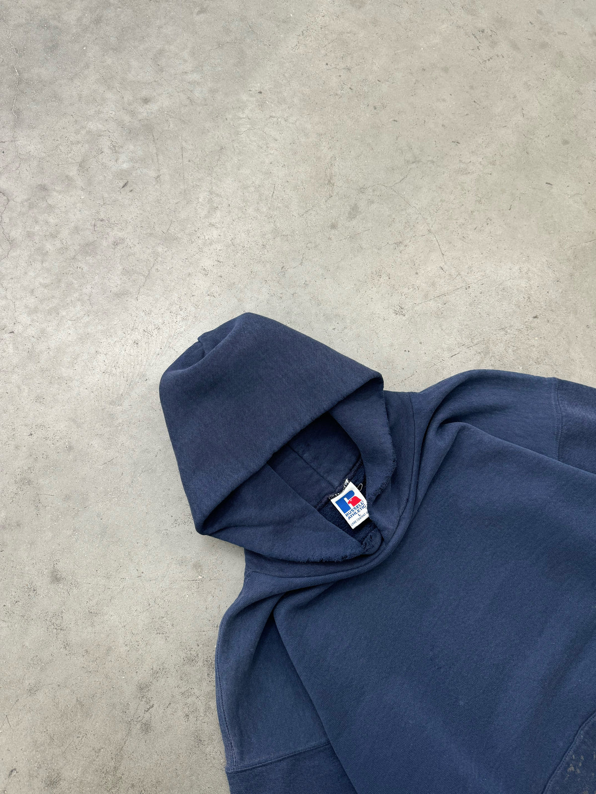 DISTRESSED & FADED NAVY BLUE RUSSELL HOODIE - 1990S