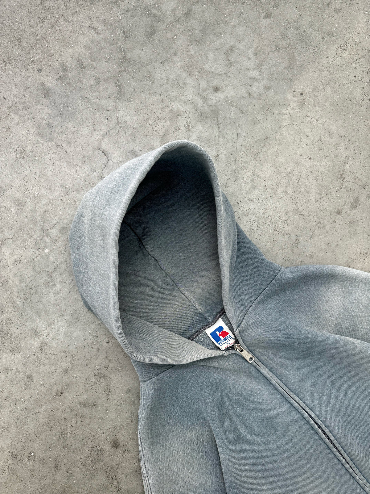 SUN FADED SLATE GREY RUSSELL ZIP UP HOODIE - 1990S