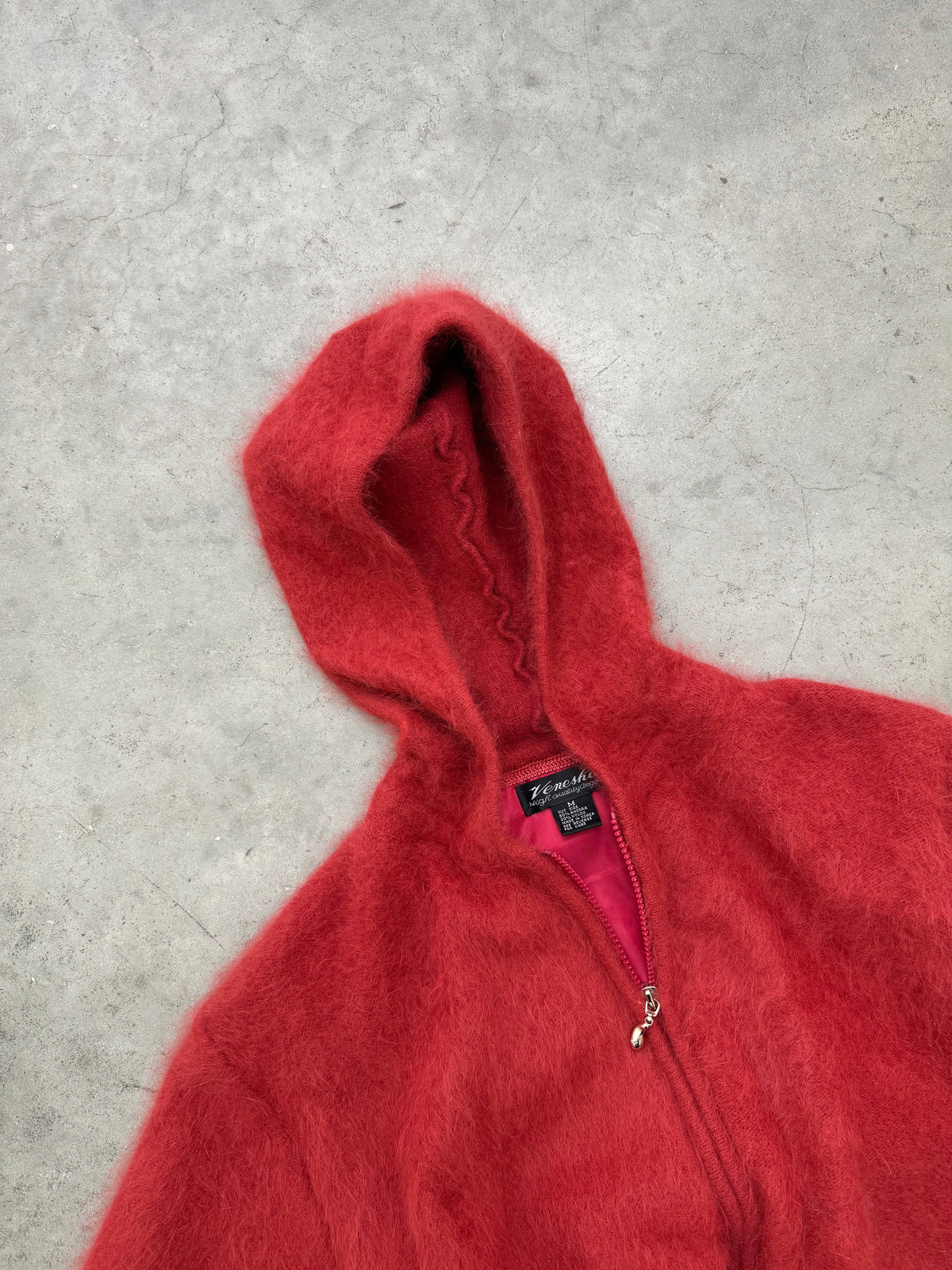 FADED CRIMSON ANGORA MOHAIR KNIT ZIP HOODED SWEATER - 1990S