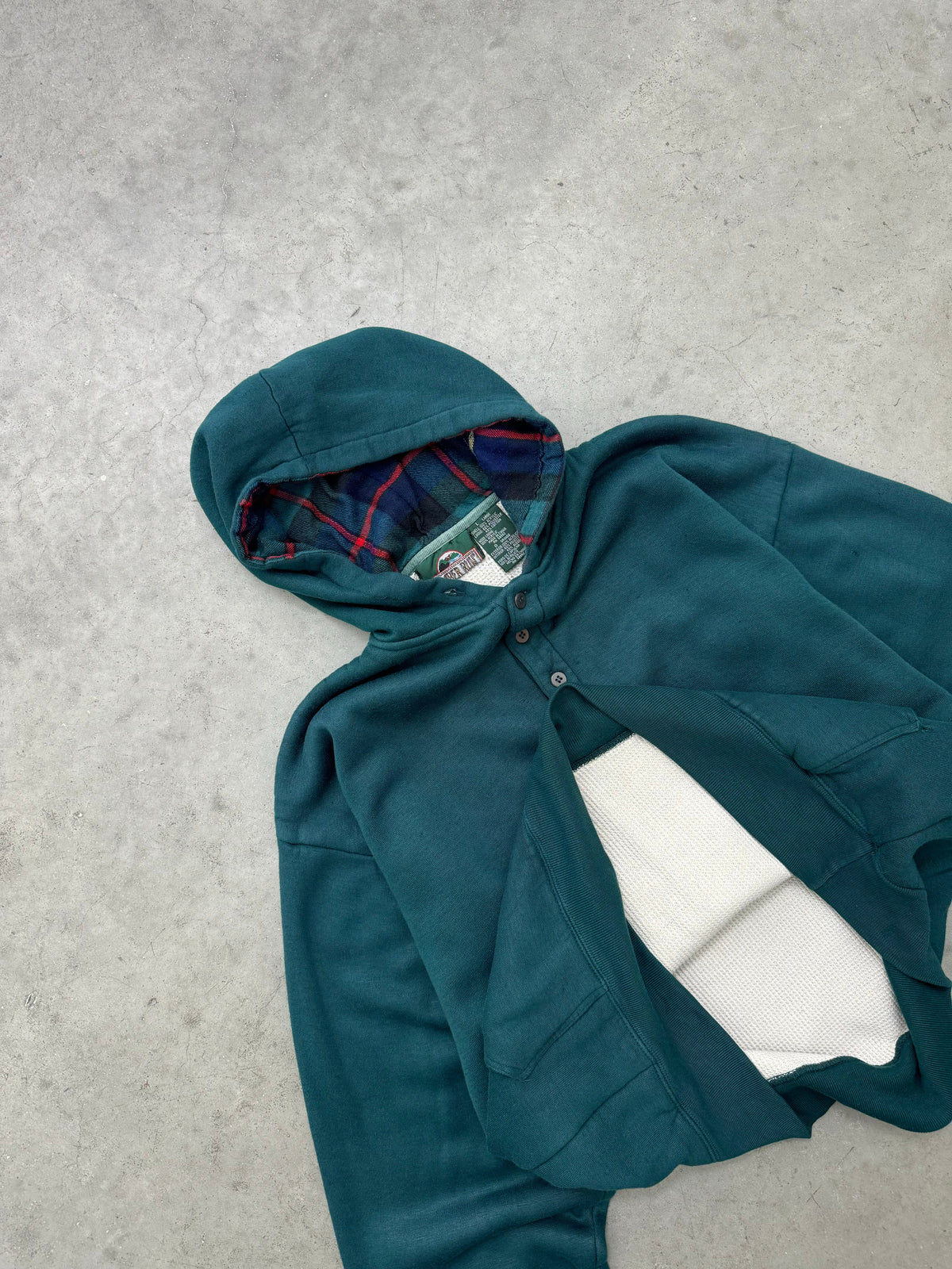 FADED GREEN FLANNEL LINED QUARTER BUTTON HOODIE - 1990S