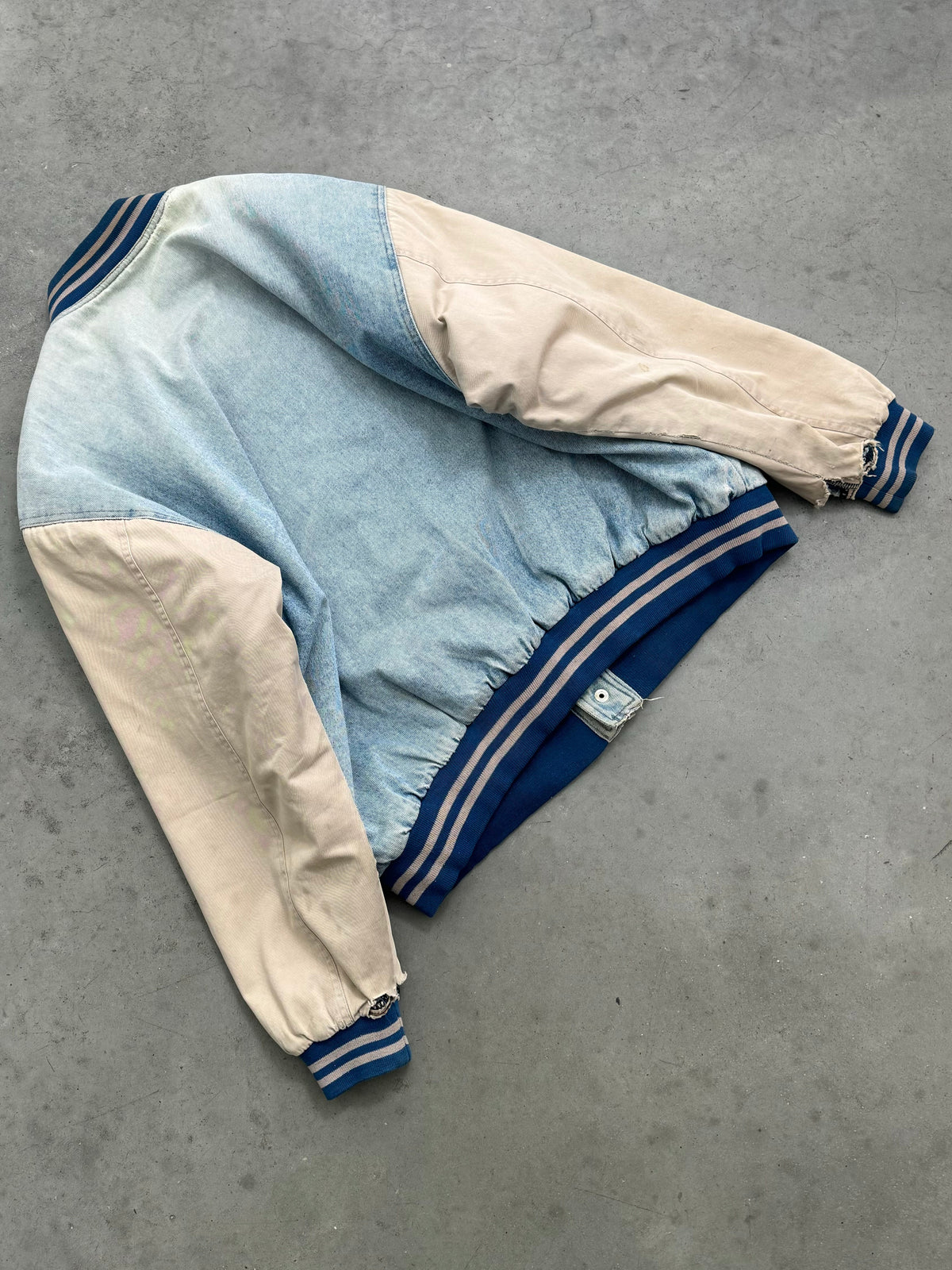 SUN FADED BLUE DENIM & TWILL BOMBER JACKET - 1990S