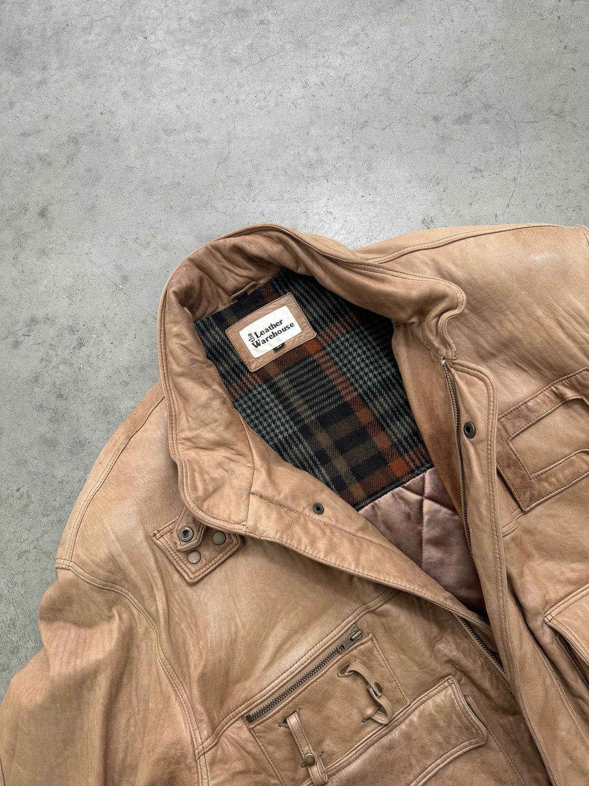 FADED LEATHER BROWN UTILITY JACKET - 1980S