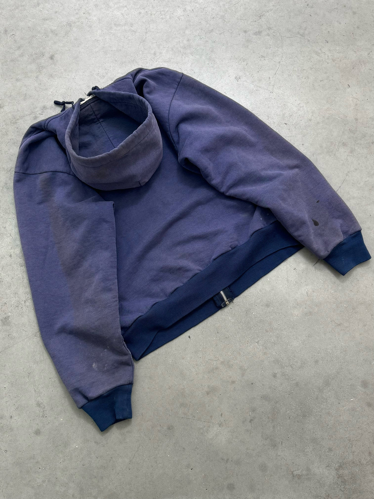 DISTRESSED FADED INDIGO CARHARTT THERMAL-LINED ZIP UP HOODIE - 1980S