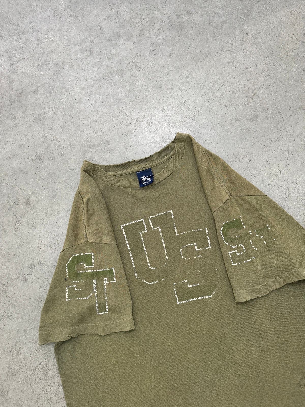DISTRESSED FADED OLIVE GREEN STUSSY MADE IN USA TEE - 1990S