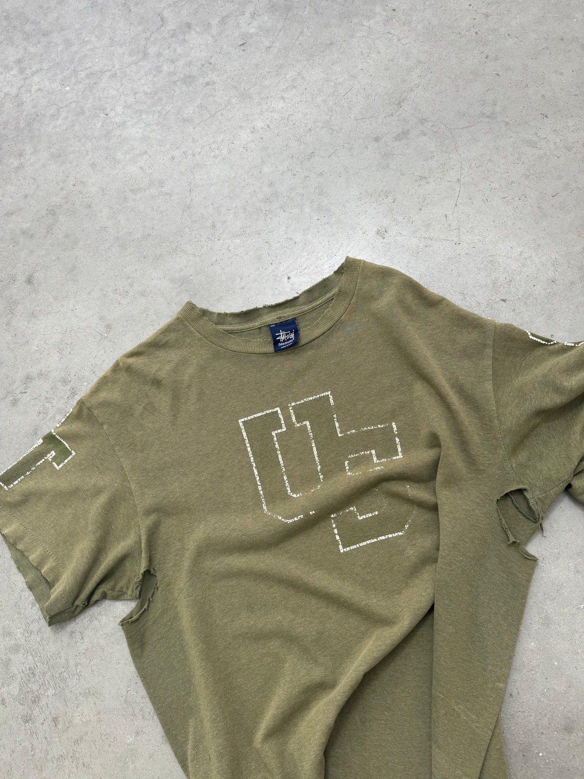 DISTRESSED FADED OLIVE GREEN STUSSY MADE IN USA TEE - 1990S