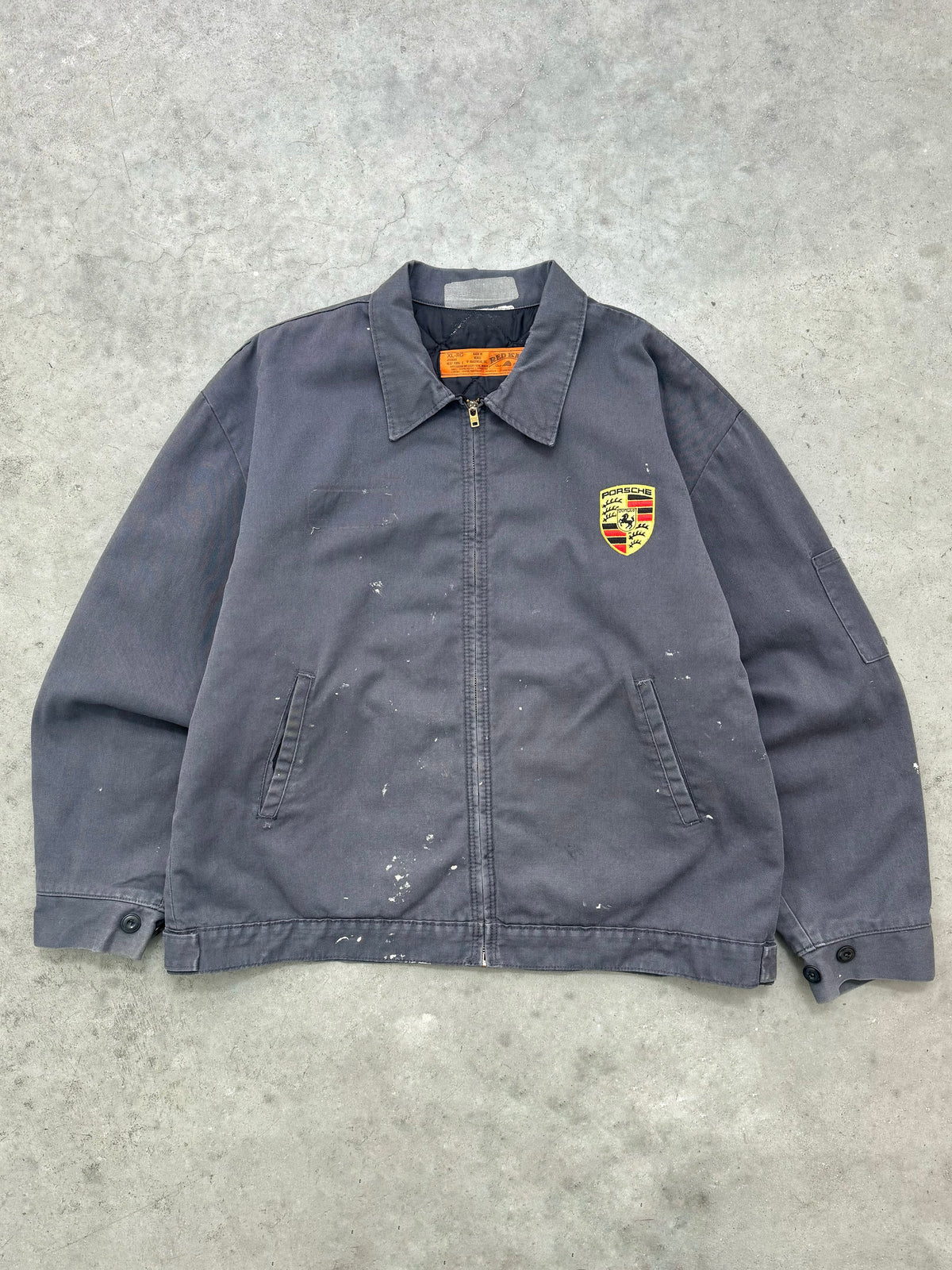 FADED STONE GREY & PAINT SPLATTER "PORSCHE" MECHANIC JACKET - 1980S
