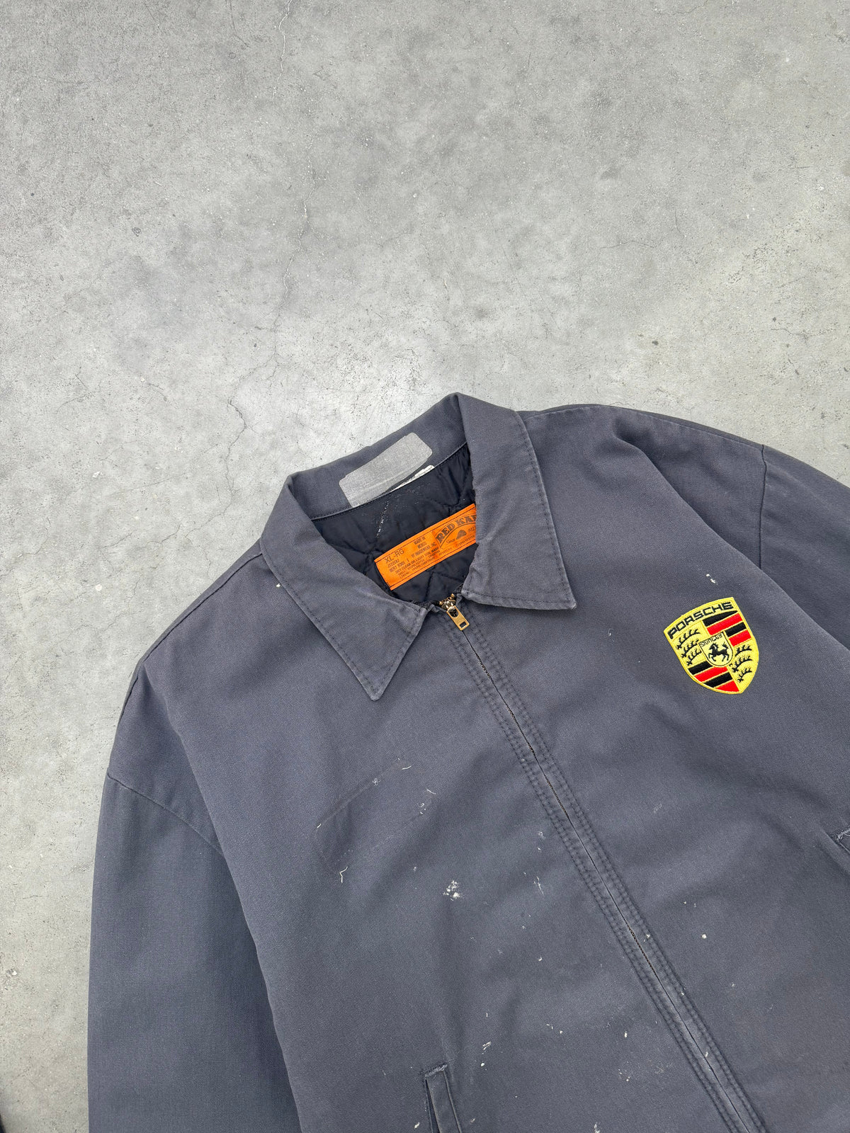 FADED STONE GREY & PAINT SPLATTER "PORSCHE" MECHANIC JACKET - 1980S