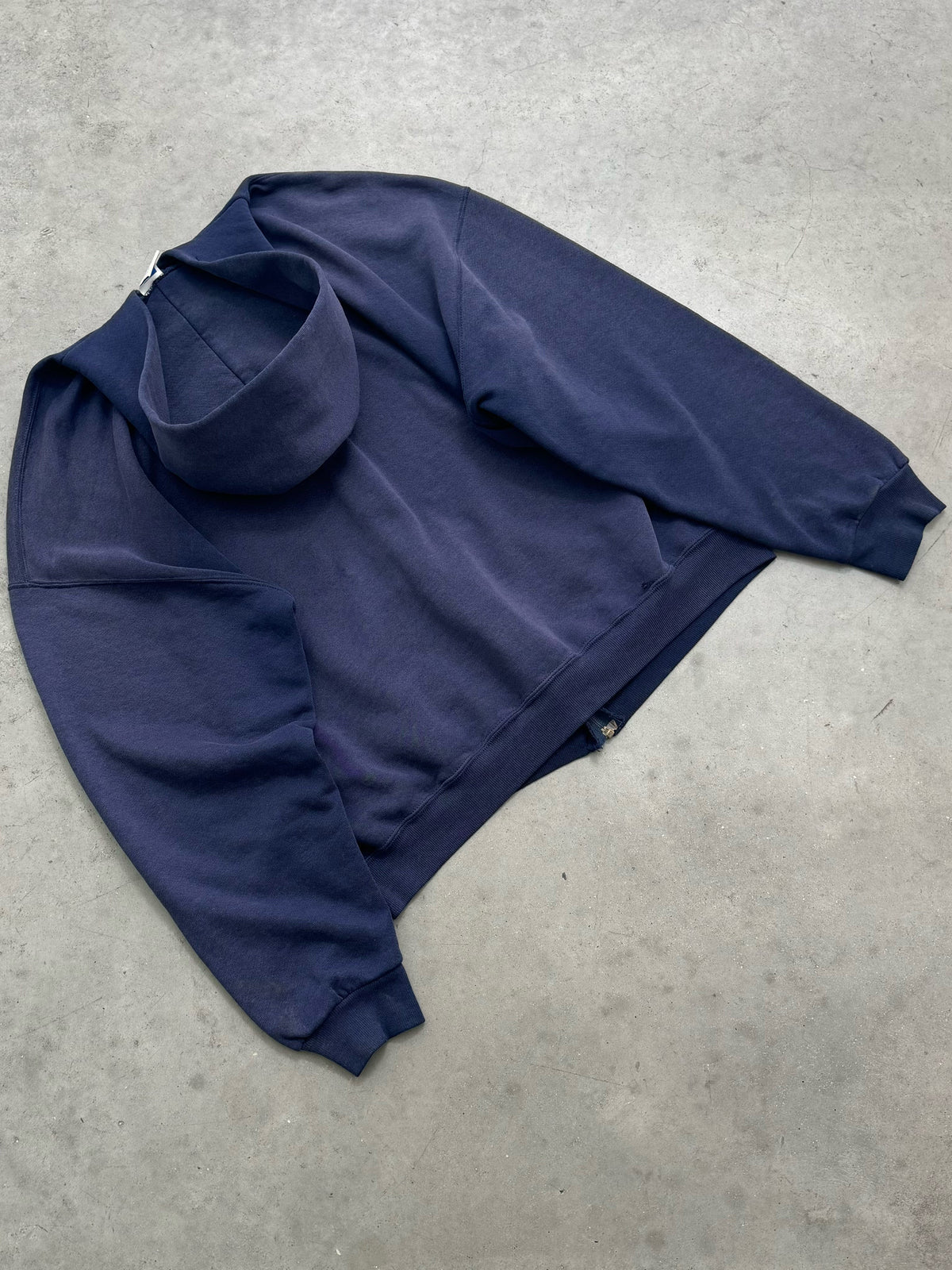 SUN FADED NAVY ZIP UP RUSSELL HOODIE - 1990S