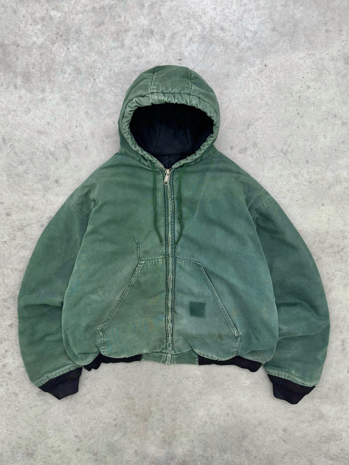FADED PINE GREEN HOODED WORK JACKET - 1990S