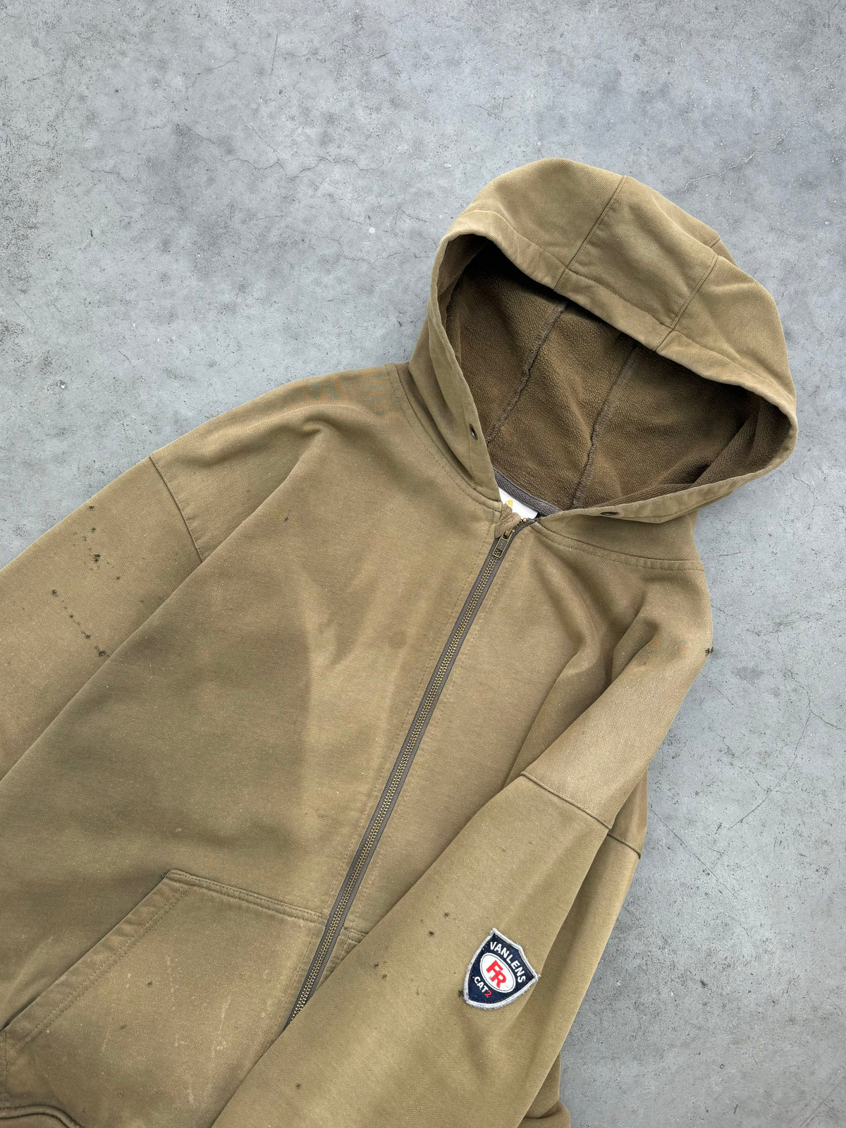 SUN FADED OLIVE DISTRESSED ZIP UP HOODIE - 2000S