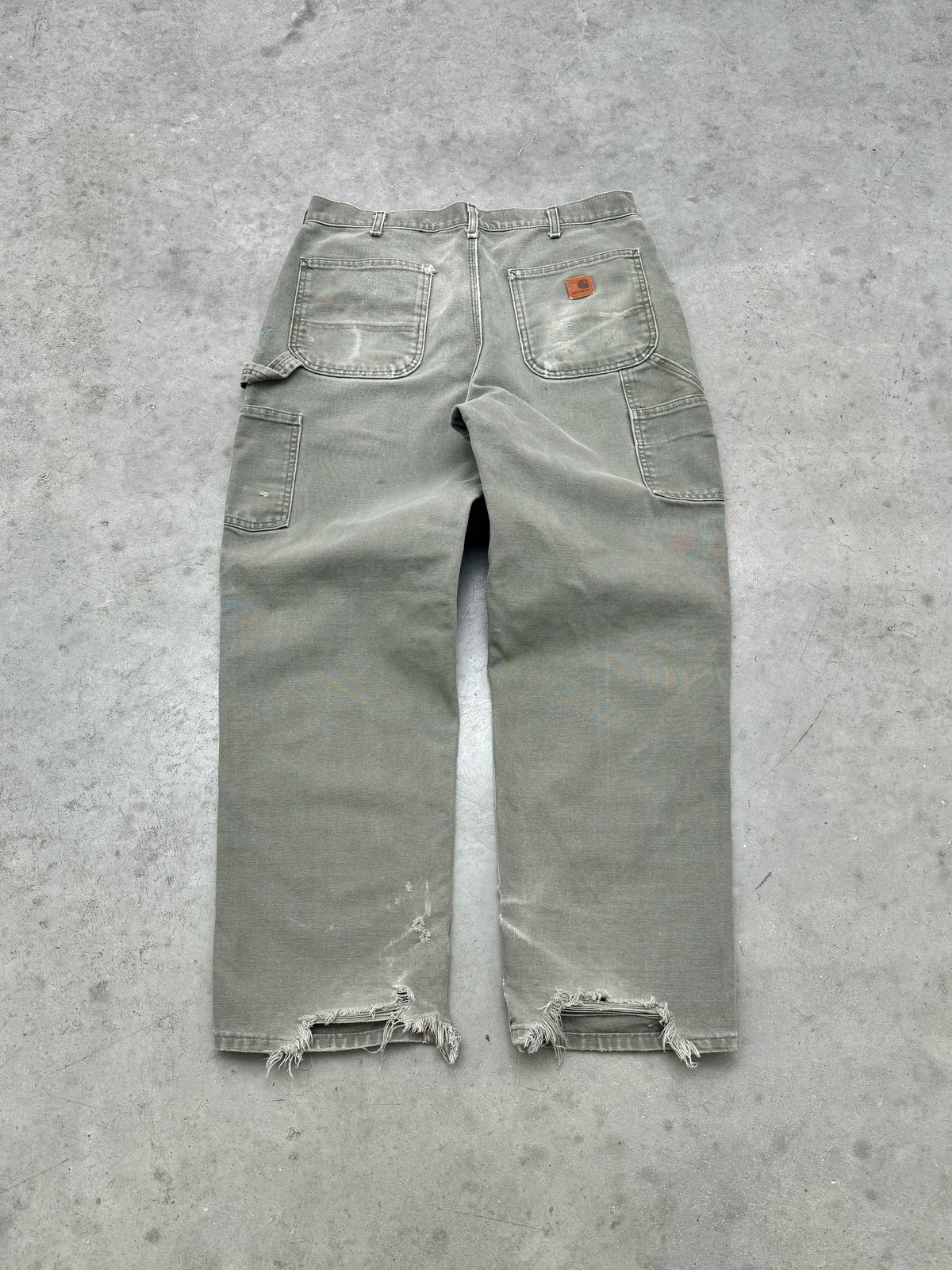 SUN FADED & DISTRESSED OLIVE CARHARTT PANTS - 2000S