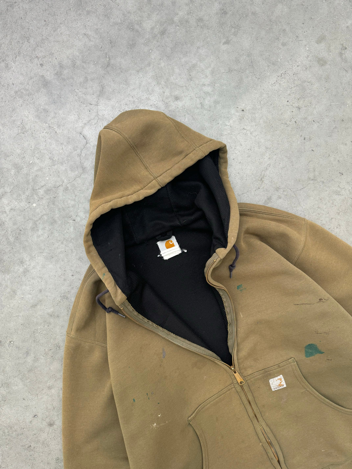 DISTRESSED FADED OLIVE THERMAL LINED CARHARTT HOODIE - 1990S