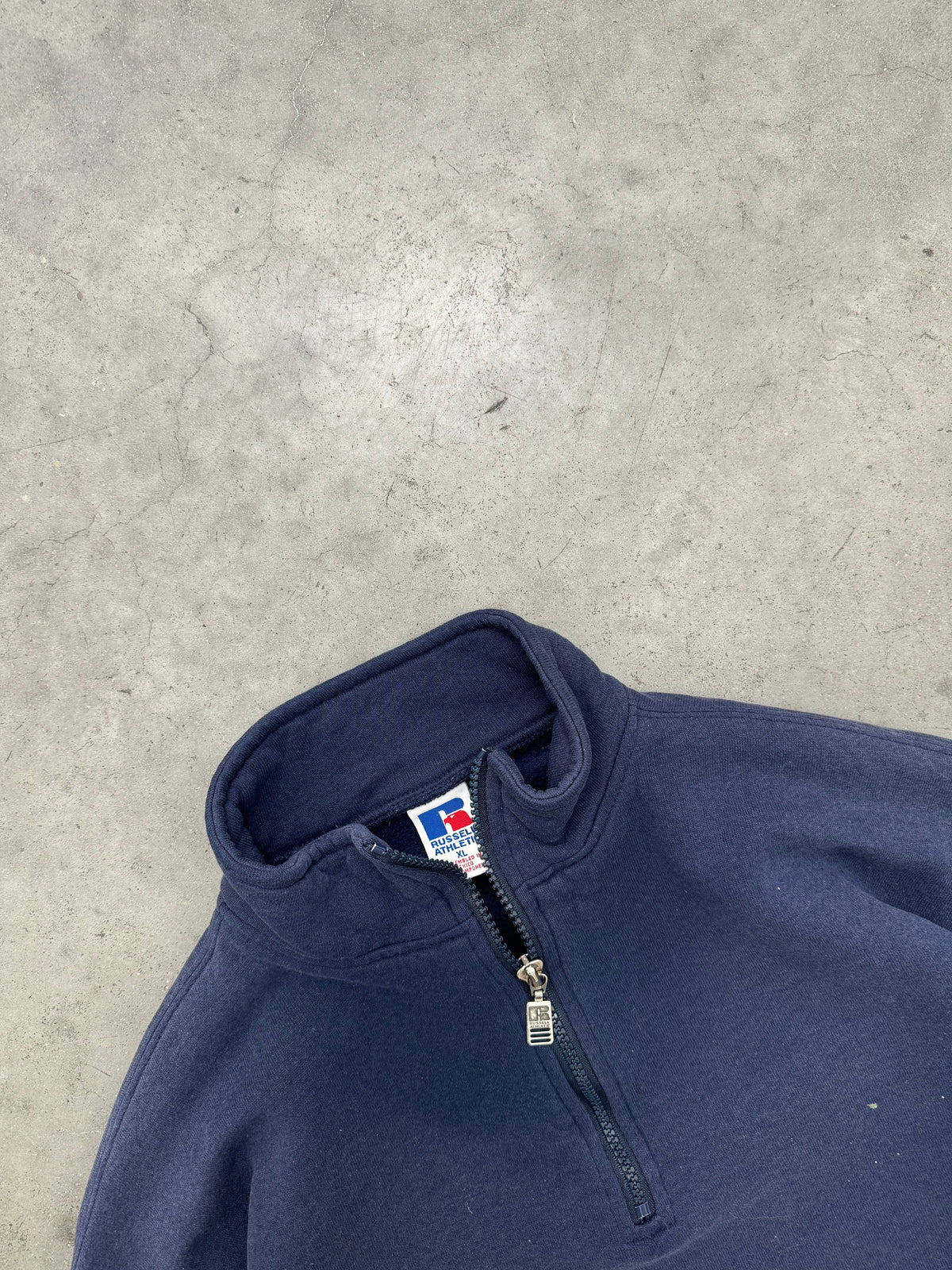 SUN FADED NAVY PAINTERS RUSSELL QUARTER ZIP - 1990S