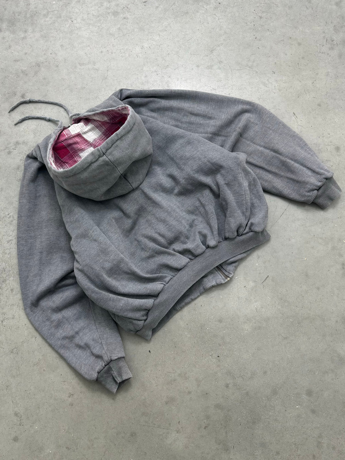 FADED CEMENT GREY FLANNEL LINED RAGLAN ZIP-UP HOODIE - 1990S