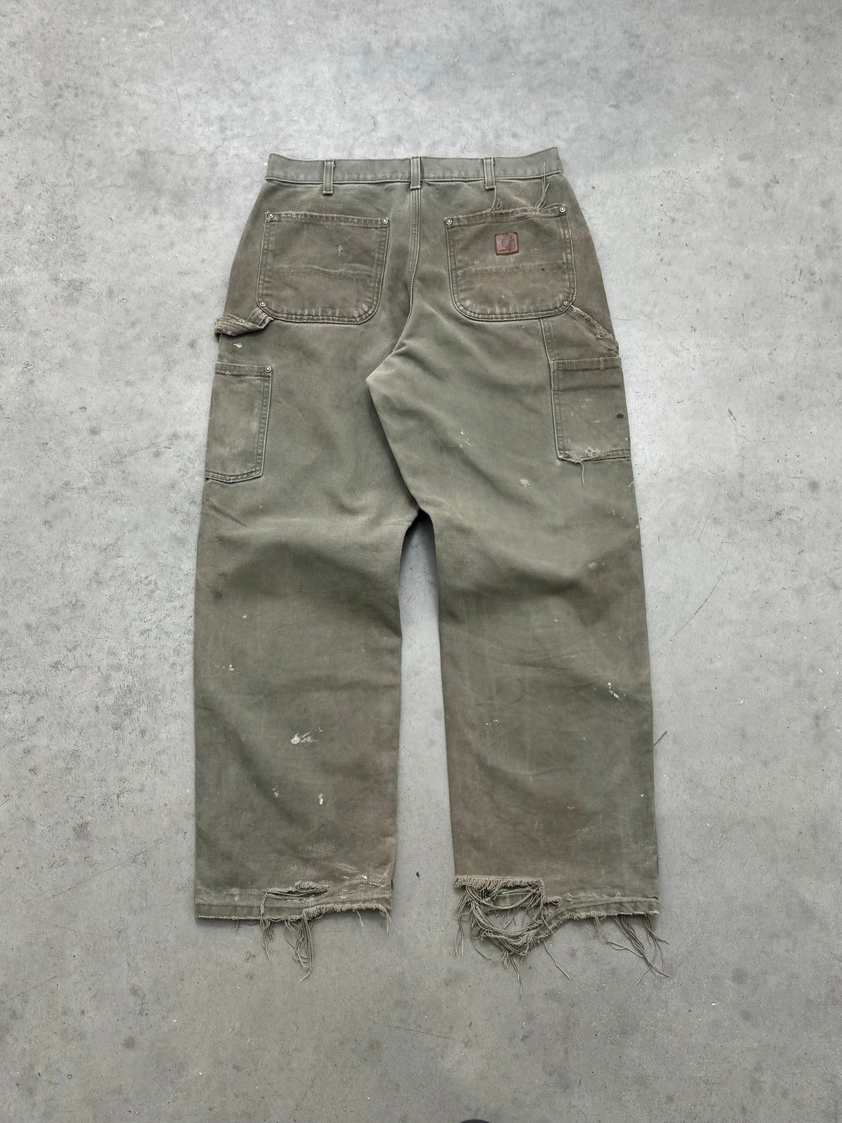 FADED OLIVE & DISTRESSED CARHARTT DOUBLE KNEE PANTS - 1990S