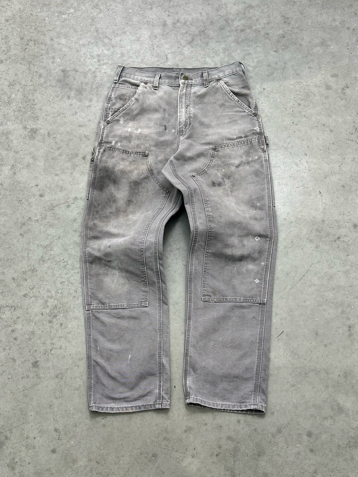 DISTRESSED FADED CEMENT GREY CARHARTT DOUBLE KNEE PANTS - 2000S