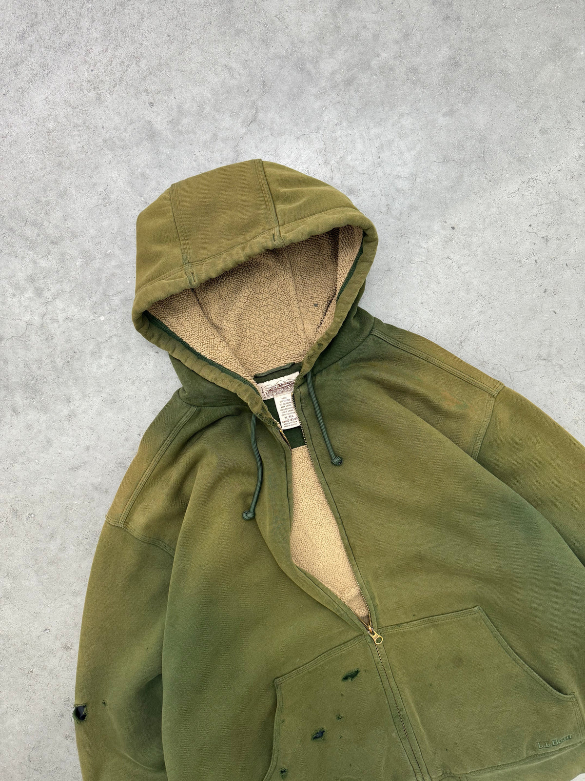DISTRESSED SUN FADED OLIVE REVERSE PILE ZIP-UP HOODIE - 2000S