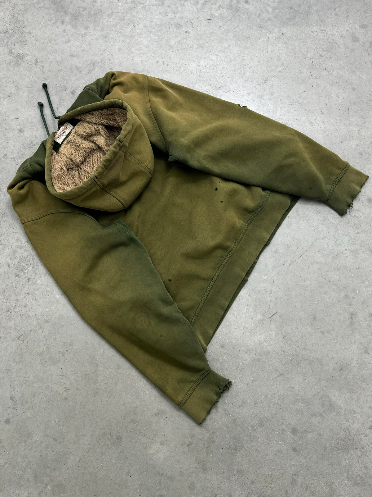 DISTRESSED SUN FADED OLIVE REVERSE PILE ZIP-UP HOODIE - 2000S
